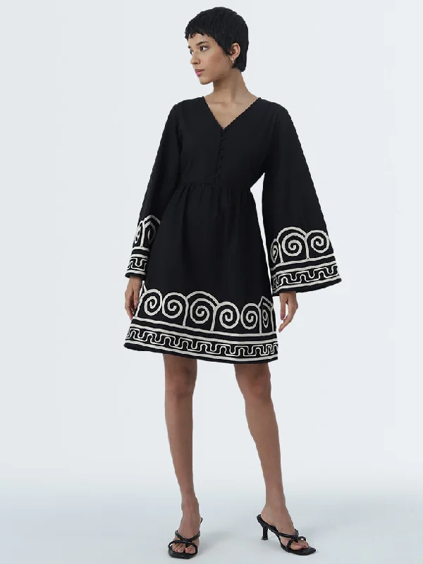 Quality Tailoring LOV Black Embroidered A-line Cotton Dress