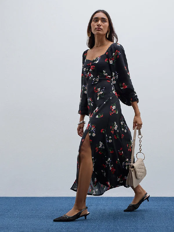 Single-shoulder Neck Design LOV Black Floral Printed A-Line Dress