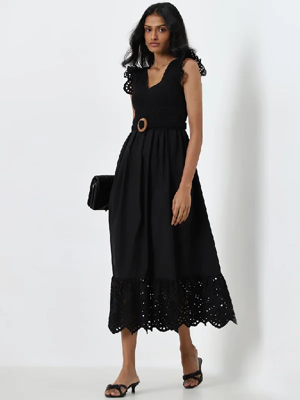 Soft Touch LOV Black Schiffli Design A-Line Cotton Dress with Belt