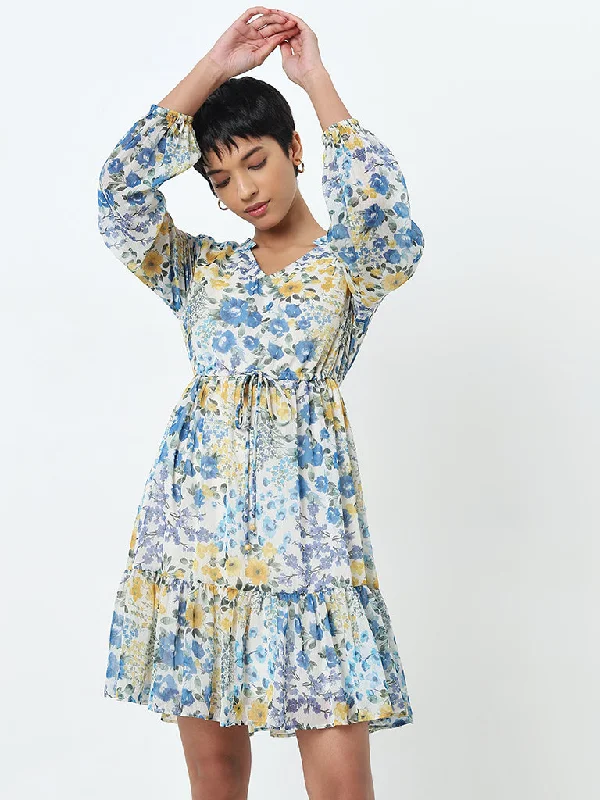 Sports Series LOV Blue Floral Printed Tiered Dress