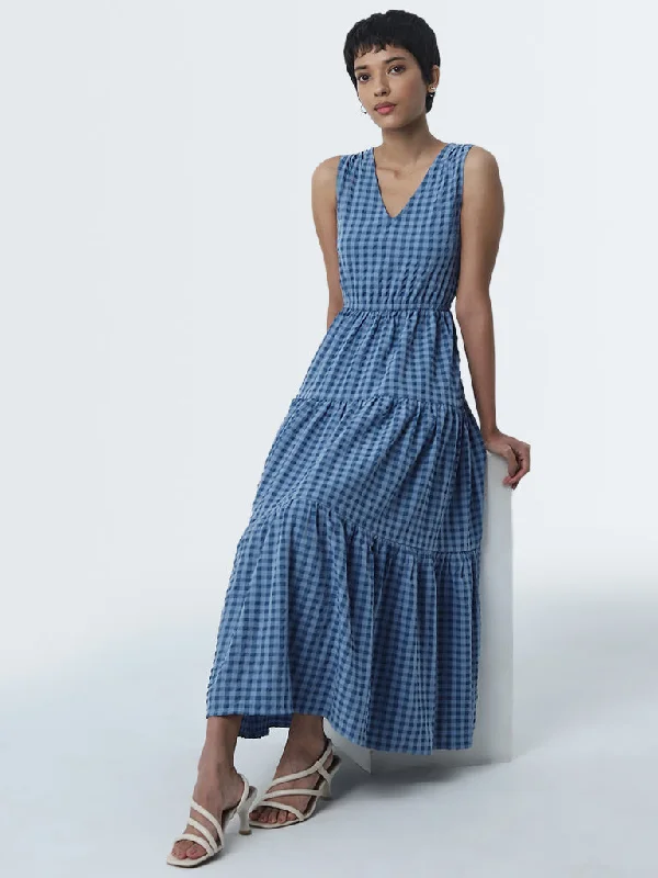 Fresh Wear LOV Blue Gingham Checks Design Tiered Dress
