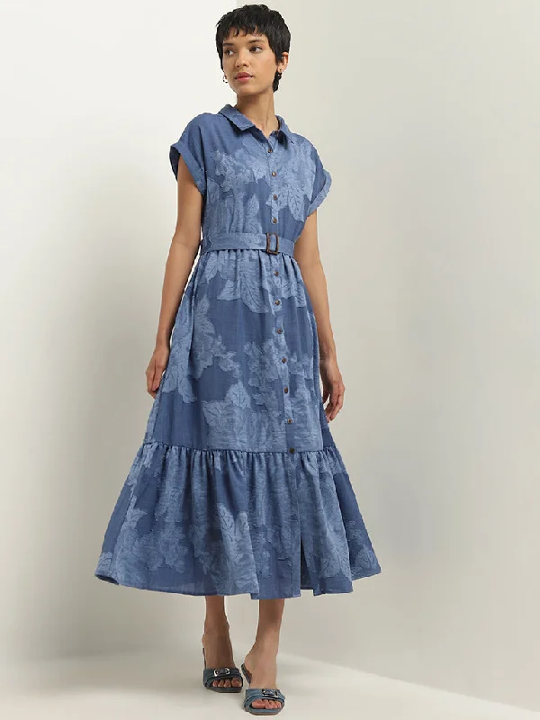 Minimal Classic LOV Blue Leaf Printed Tiered Shirt Dress with Belt