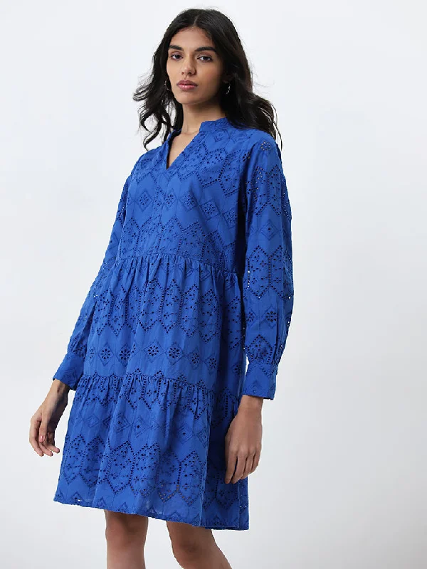 Relaxed Fit LOV Blue Schiffli Design A-line Cotton Dress