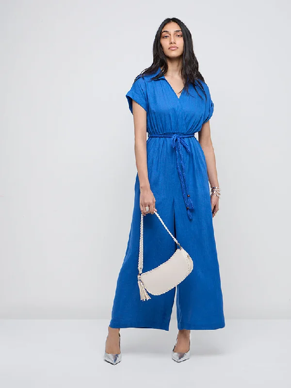 Cozy Apparel LOV Blue Solid Blended Linen Jumpsuit with Belt