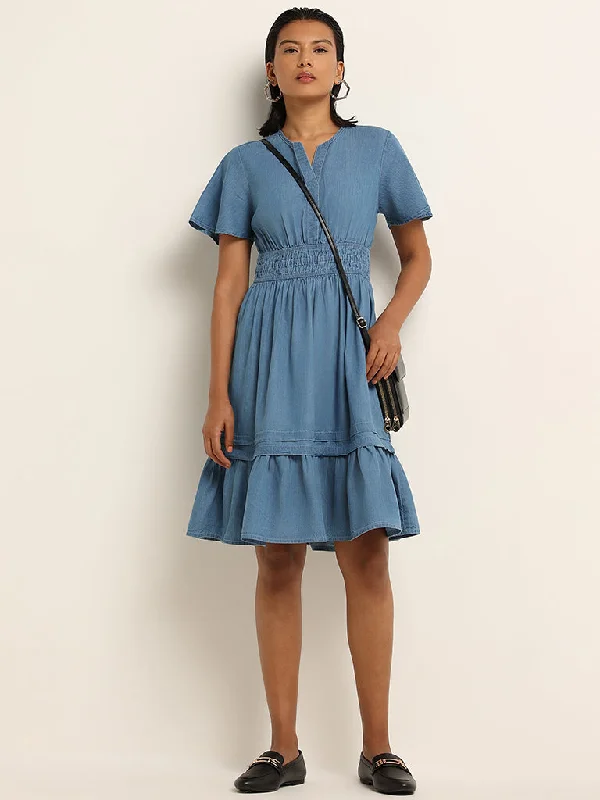 Comfort Fit LOV Blue Solid Cotton Blend Tiered Short Dress