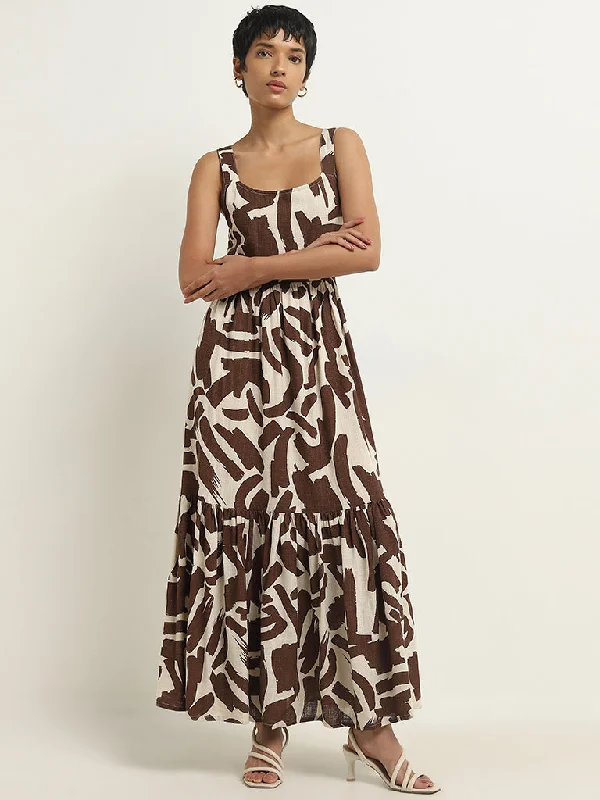 Relaxed Style LOV Brown Abstract Printed Tiered Dress
