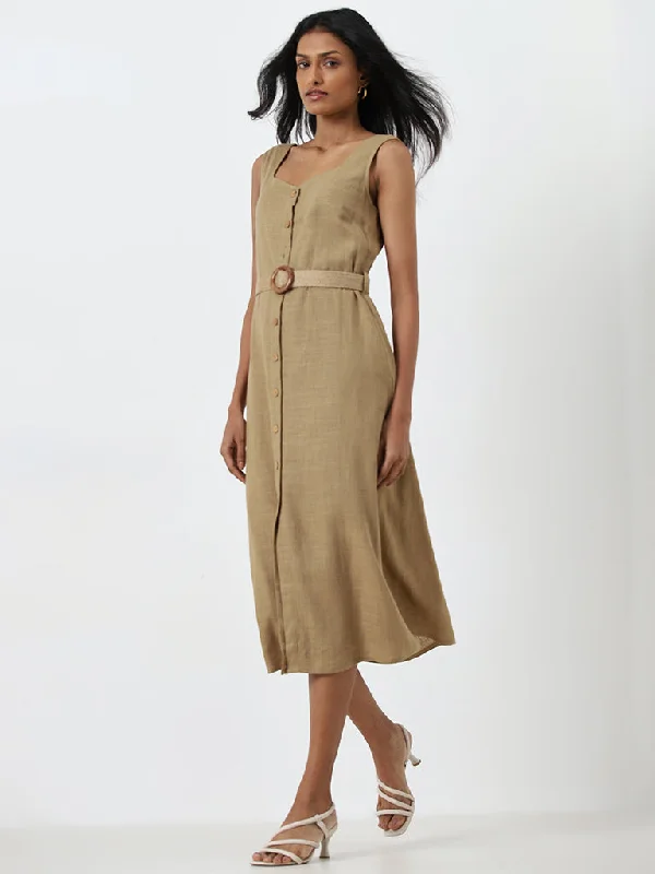 French Style LOV Dark Beige A-Line Dress with Belt