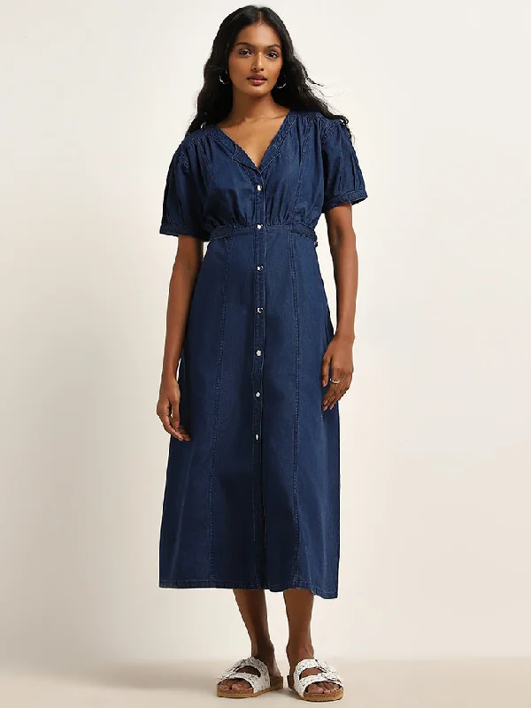 Embroidery Design LOV Dark Blue Denim A-Line Dress