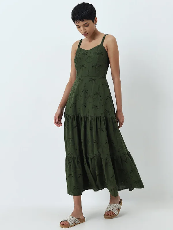 Sports Fashion LOV Green Schiffli Design Tiered Cotton Dress