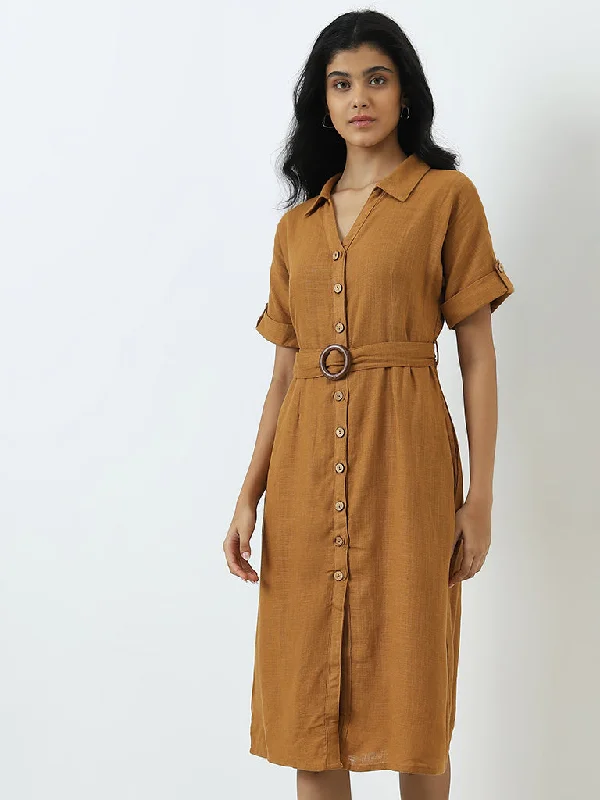 Casual And Versatile LOV Light Brown Solid A-Line Dress with Belt