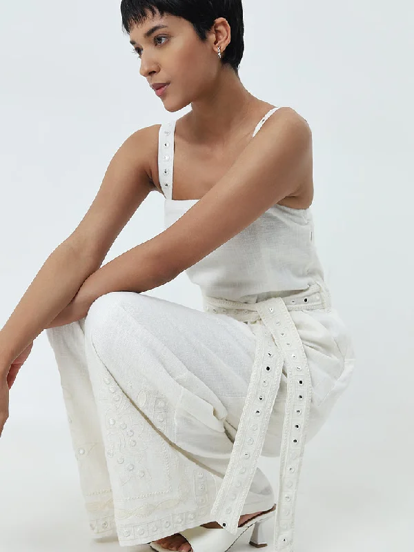 Cozy Layers LOV Off-White Embellished Linen Blend Jumpsuit with Belt