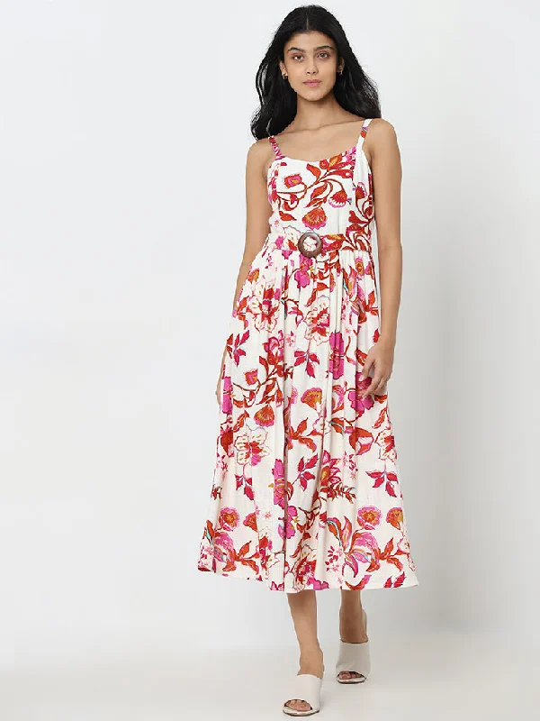 Cozy Look LOV Off-White Floral Design A-Line Dress with Belt
