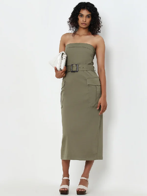 Unique Prints LOV Olive A-Line Cotton Blend Tube Dress with Belt