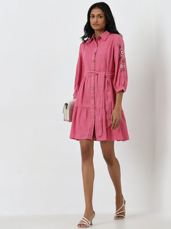 Easy Wear Chic LOV Pink Floral Embroidered Shirt Dress with Belt
