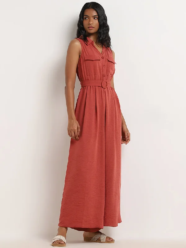 Playful Style LOV Red Crinkle Textured Jumpsuit with Belt