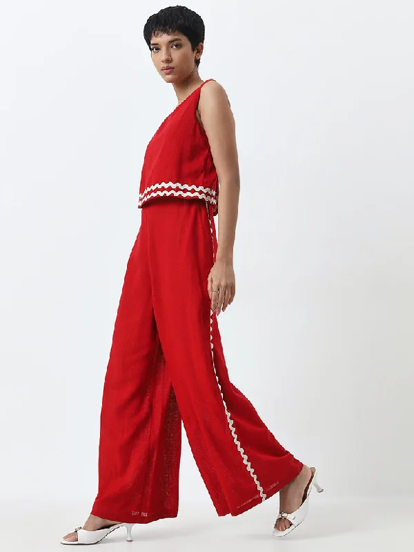 Stunning Fashion LOV Red Embroidered Blended Linen Jumpsuit