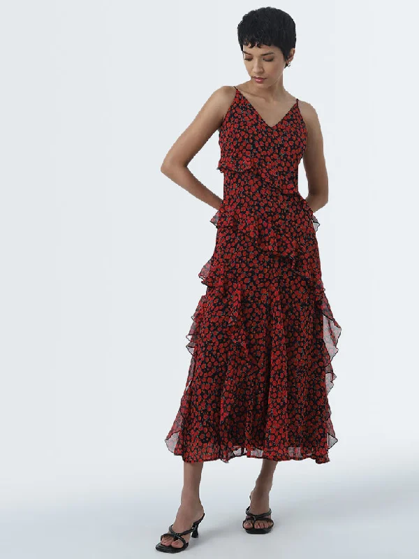 Cozy Fit LOV Red Ruffled Floral A-Line Dress