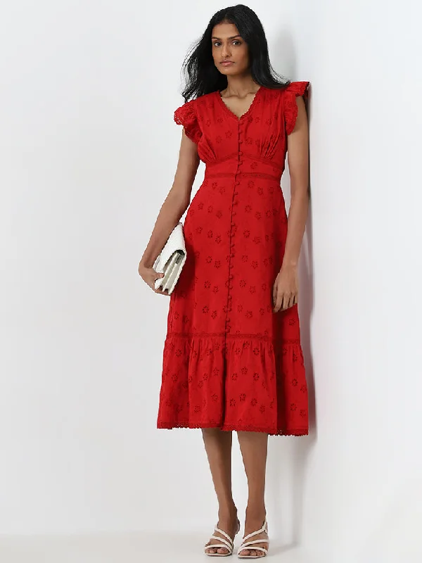 Elegant Outline LOV Red Schiffli Design A-Line Cotton Dress