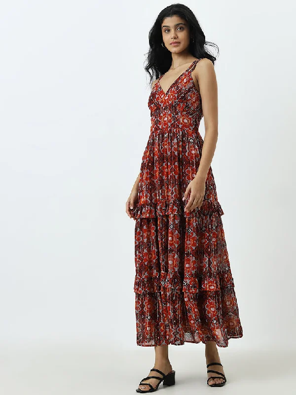 Soft Fabric Looks LOV Rust Metallic Striped Tiered Dress
