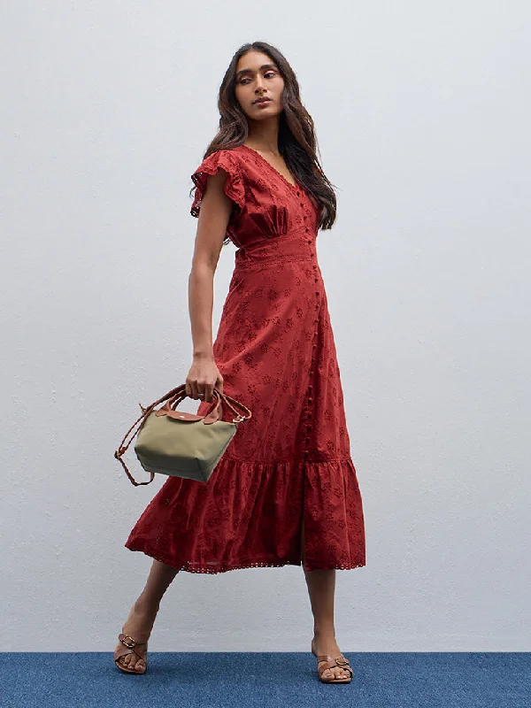 Preview New Products LOV Rust Schiffli Design A-Line Cotton Dress