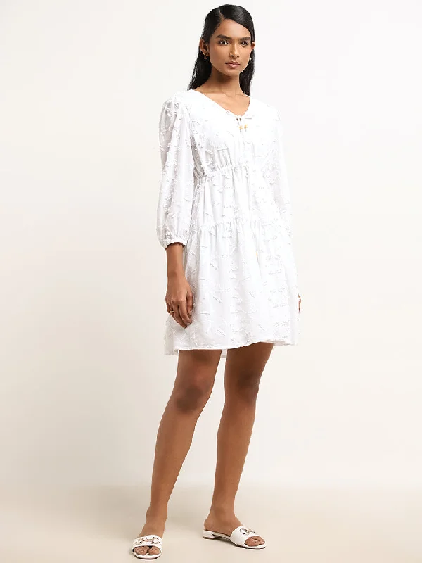 Cozy Lounge Wear LOV White Floral Embroidered Casual Cotton A-Line Dress