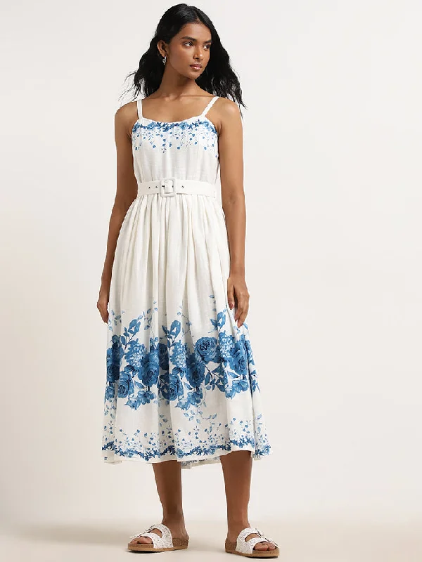 Sports And Leisure LOV White Floral Printed A-Line Blended Linen Dress