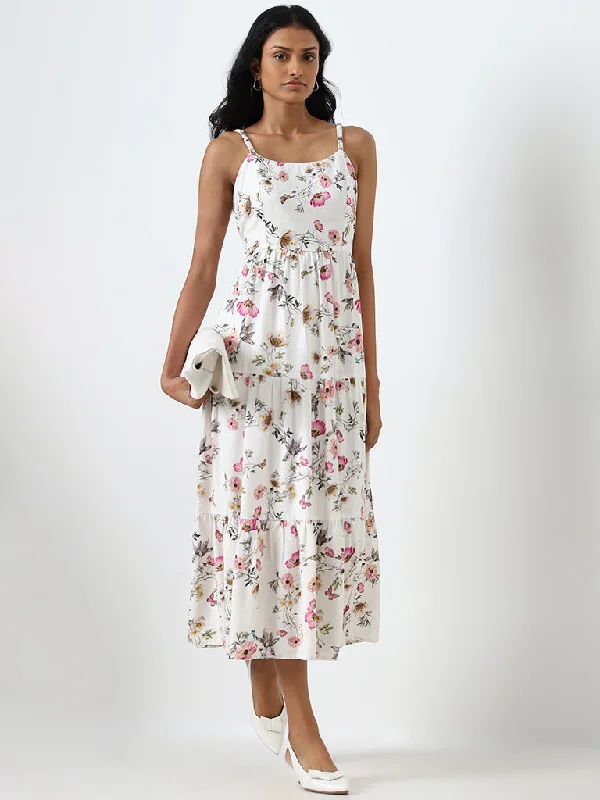 Refreshing Design LOV White Floral Printed Linen Blend Tiered Dress