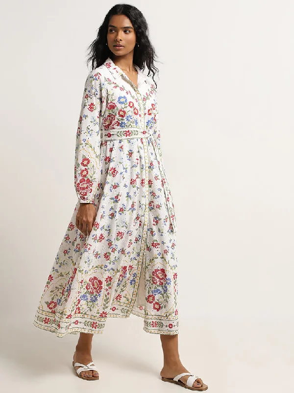 Comfortable Looks LOV White Floral Schiffli Design Cotton Shirt Dress with Belt