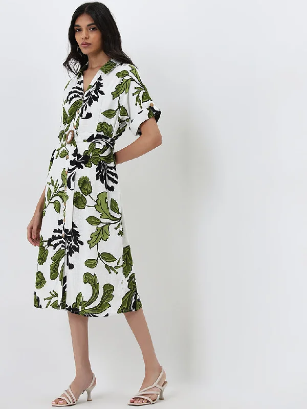 Lace Design LOV White Leaf Printed A-line Shirt Dress with Belt
