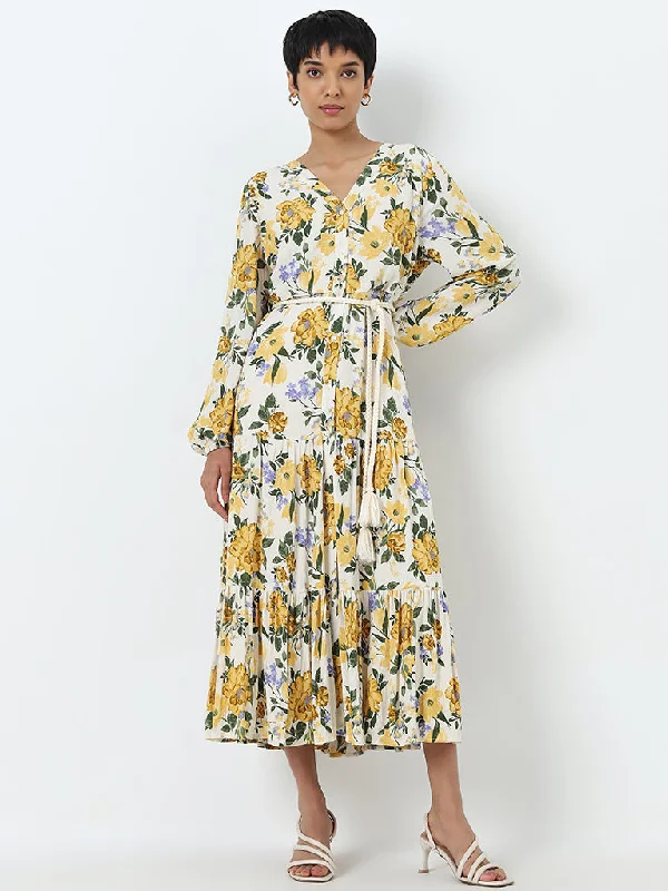 Retro Prints LOV Yellow Floral Printed Tiered Dress with Belt