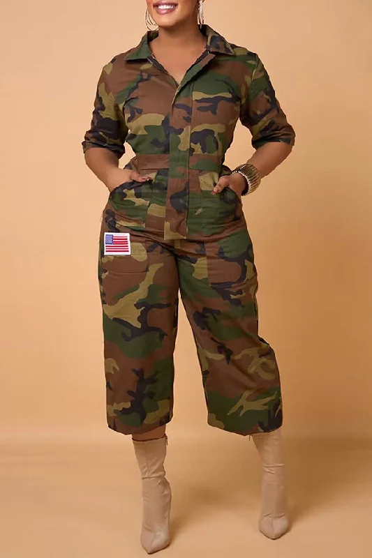 Casual Fit Lapel Camouflage Print Jumpsuit