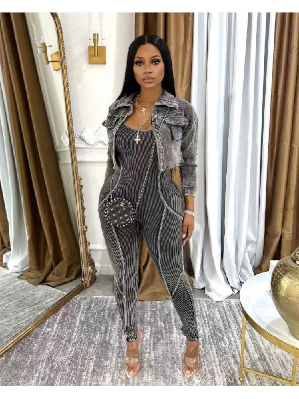 Retro Design Mineral Washed Shirt Bodycon Jumpsuit Sets