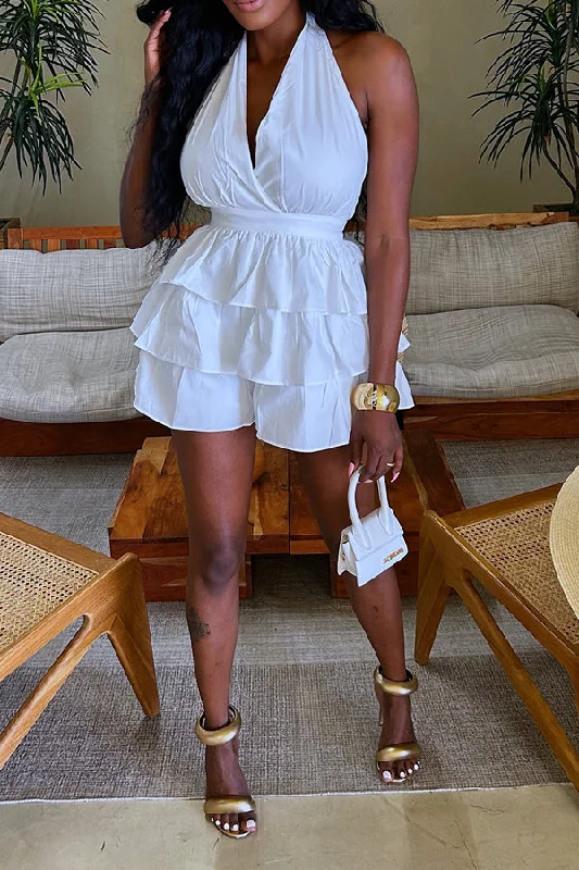 Youthful Halter Backless Layered Ruffle Hem Romper