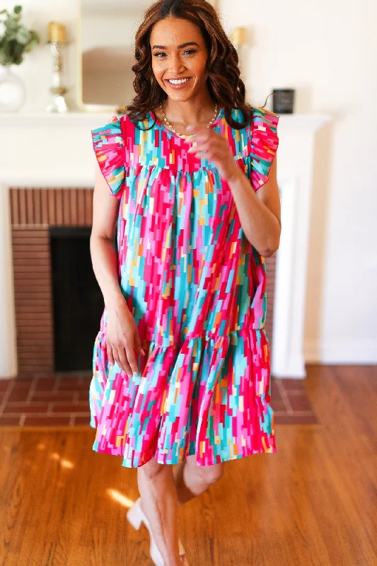 Chic Outfits Feeling Bold Multicolor Abstract Print Tiered Ruffle Sleeve Dress