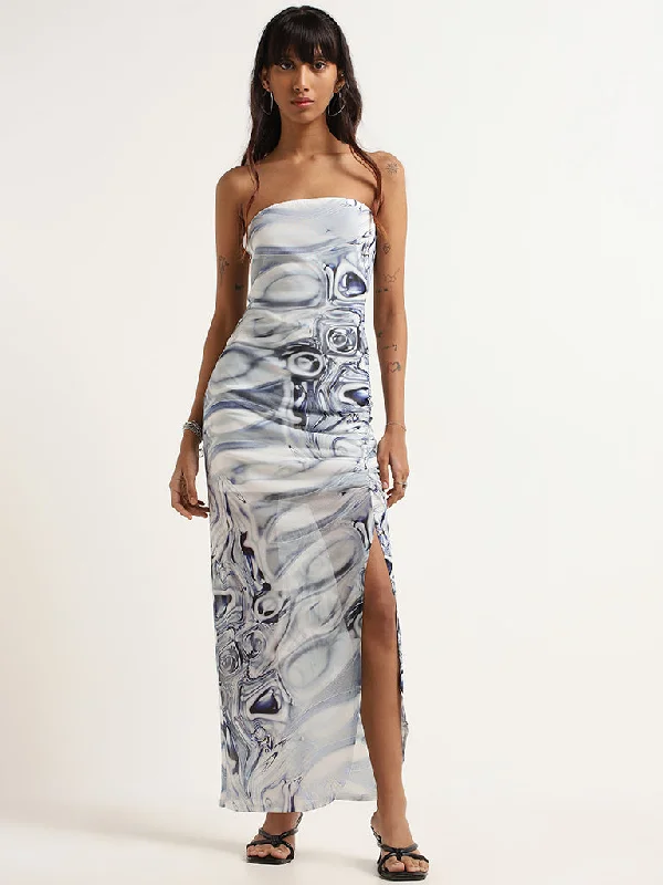 Simple Chic Nuon Blue Marble Print Strapless Dress
