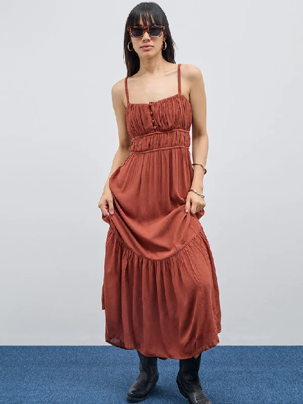 Outdoor Trend Nuon Brown Cut-Out Detailed Tiered Dress