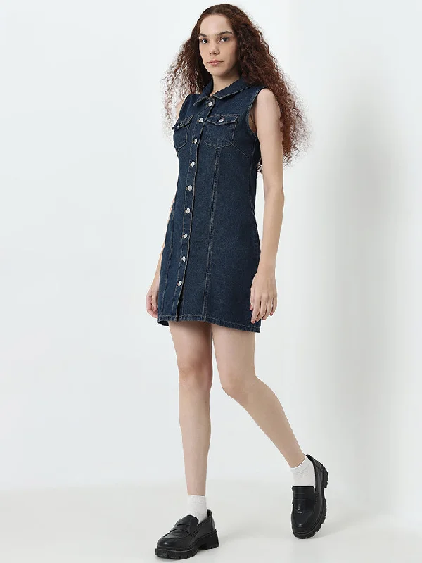 End Of The Year Nuon Dark Blue Denim Bodycon Shirt Dress