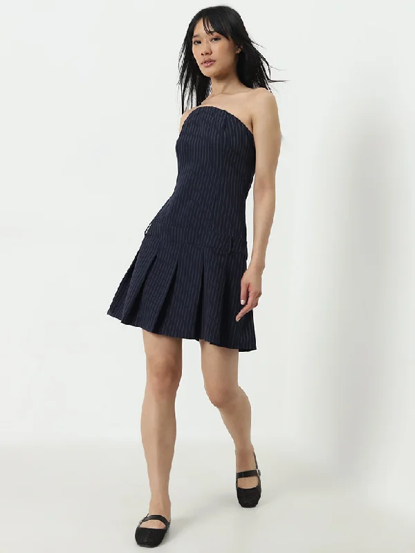 Preview New Products Nuon Navy Pinstriped Tube Cotton Blend Dress