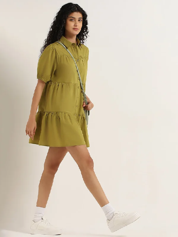 Effortless Style Nuon Olive Cotton Tiered Shirt Dress