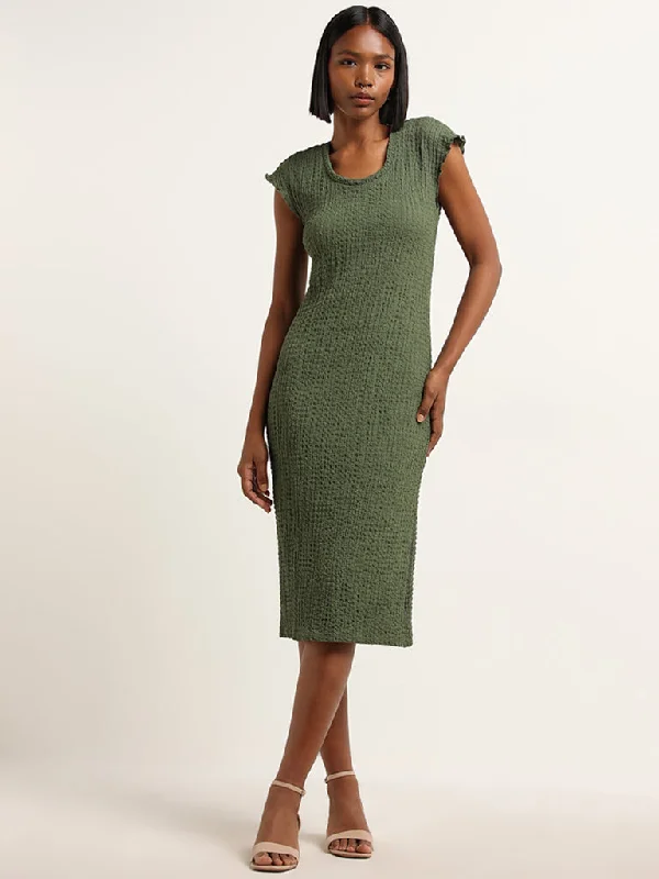 Smart Comfort Wear Nuon Olive Textured Bodycon Dress