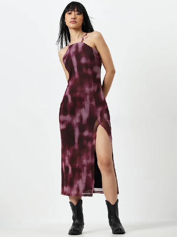 Fashion Touch Nuon Wine Bodycon Mesh Detailed Dress