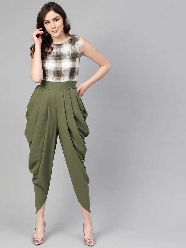 Casual And Versatile Olive Checkered Cowl Jumpsuit