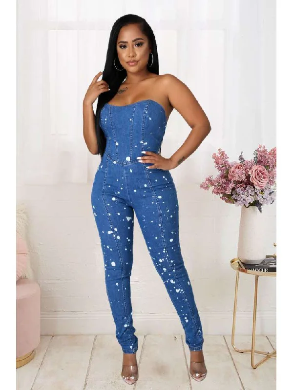 Simple Elegance Paint Point Denim Strapless Fitted Jumpsuits
