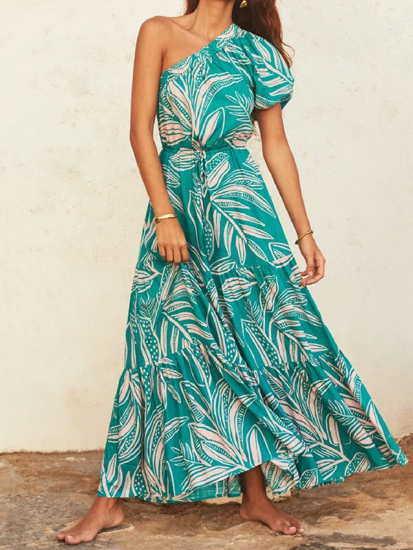 Modern Comfort Wear Printed One Shoulder Puff Sleeve Dress