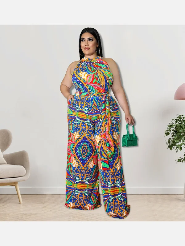Free Design Printed Sleeveless Plus Size Jumpsuits For Women