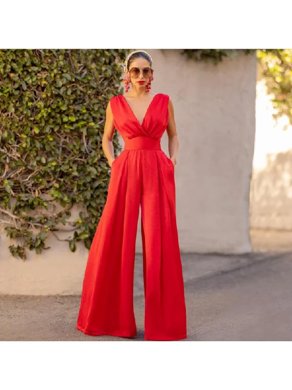 Elegant Style Pure Color Wide Leg Sleeveless Jumpsuits