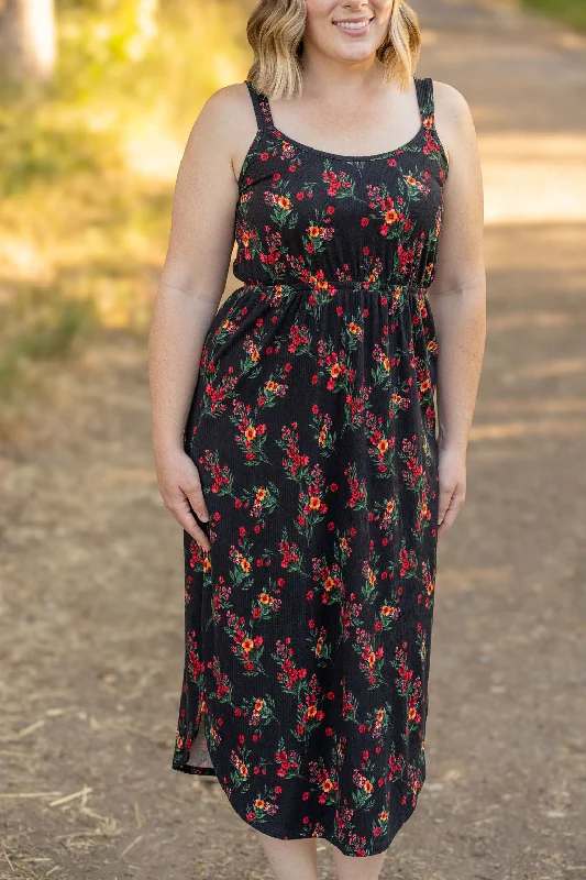 Slim Fit IN STOCK Reagan Ribbed Midi Dress - Black Floral | Women's Dress FINAL SALE