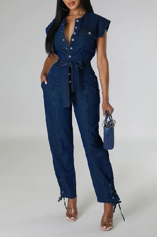 Energy Plan Snap Button Lacing Belted Denim Jumpsuit