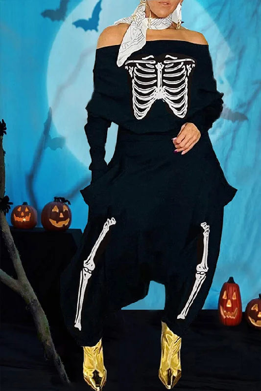 Comfortable Dresses Halloween Black Skull Pattern Loose Jumpsuit