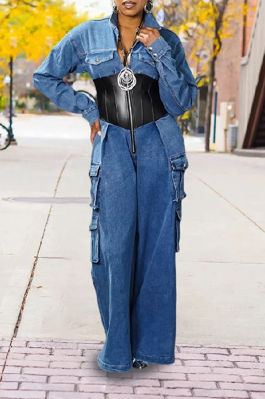 Warm Chic Retro Pocket Denim Paneled Zippered Jumpsuit